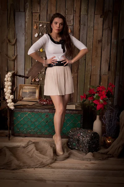 Schönes Mädchen in einer Holzhütte — Stockfoto