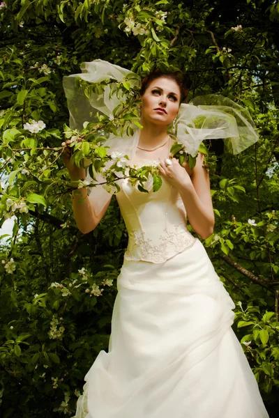 Hermosa novia con follaje verde — Foto de Stock