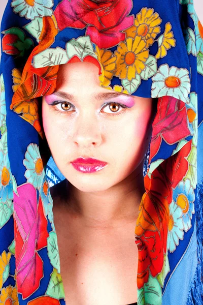 Modern girl in a Russian shawl — Stock Photo, Image