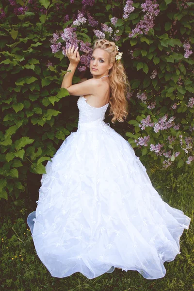 Schöne Mädchen in einem Hochzeitskleid mit Flieder — Stockfoto