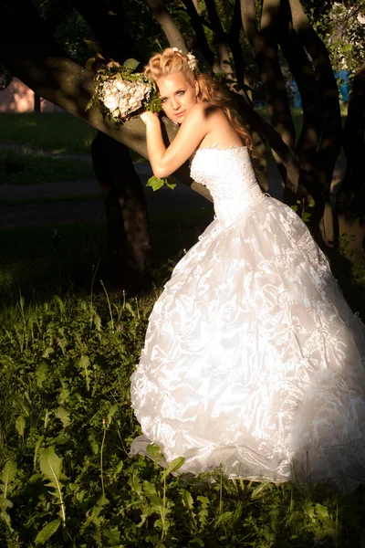 Schöne Mädchen in einem Hochzeitskleid — Stockfoto