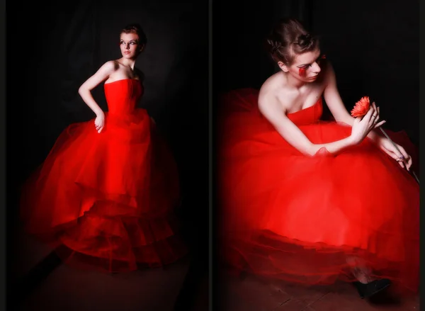 Krásná dívka v nádherné červené krinolína — Stock fotografie