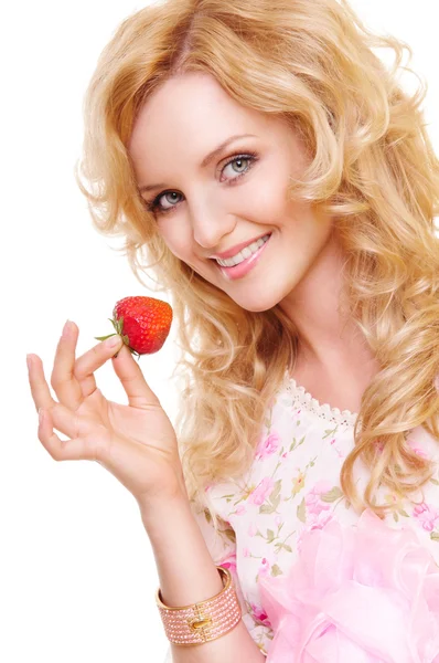 Dívka s jahodou — Stock fotografie