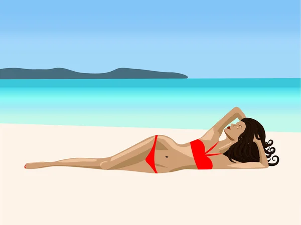 Una ragazza è sdraiata su una spiaggia — Vettoriale Stock