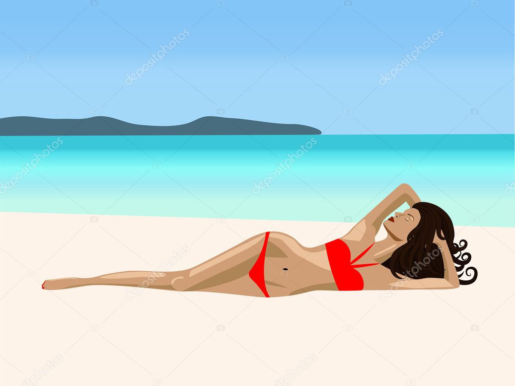 A girl is lying on a beach