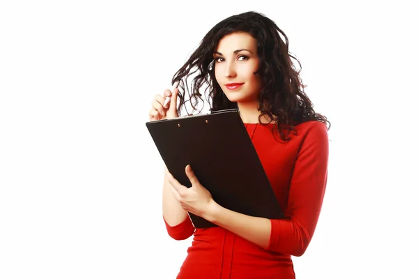 Beautiful woman with folder filling a form isolated — Stock Photo, Image