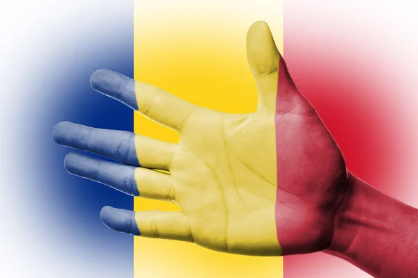 あなたの手でルーマニアの国旗を塗るとファンの応援 — ストック写真