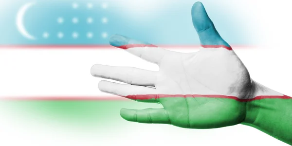 Asia tifoso tifo con pittura Uzbekistan bandiera nazionale con la mano — Foto Stock