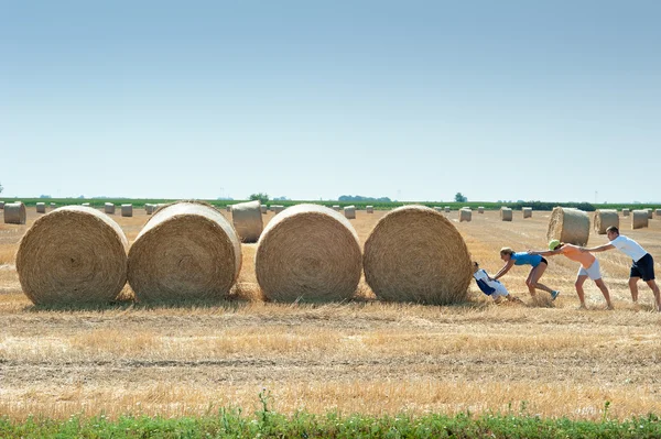 Pushing straw bale — Stock Photo, Image