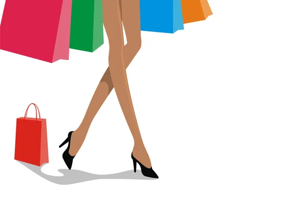 Beautiful female legs with shopping bags — Stock Vector