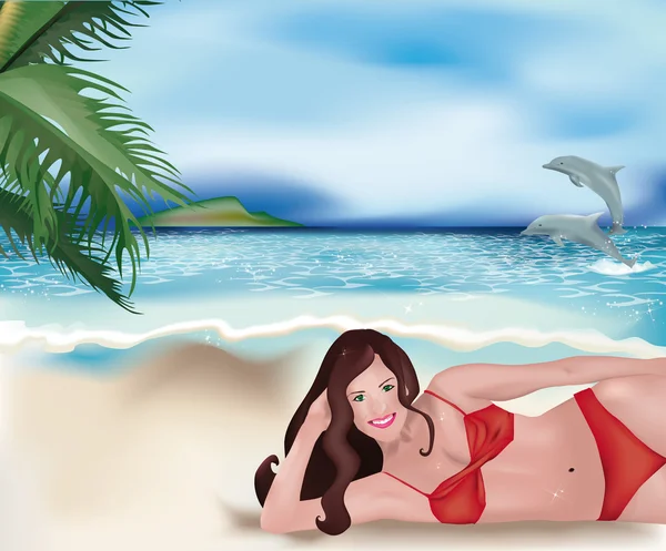 Fille couchée sur la plage et les dauphins — Image vectorielle