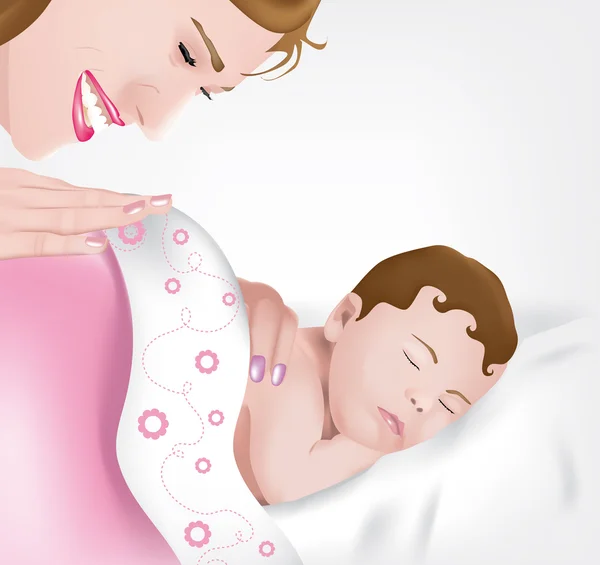Asleep baby girl with mother — Stock Vector