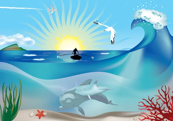 Rybář a delfíni pod vodou — Stockový vektor
