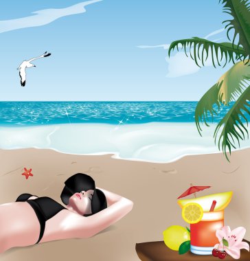 Girl on the beach with hat clipart