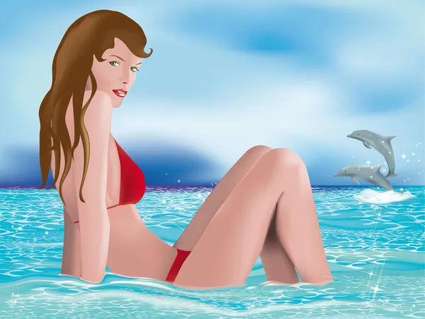 Chica entre olas con delfines — Vector de stock