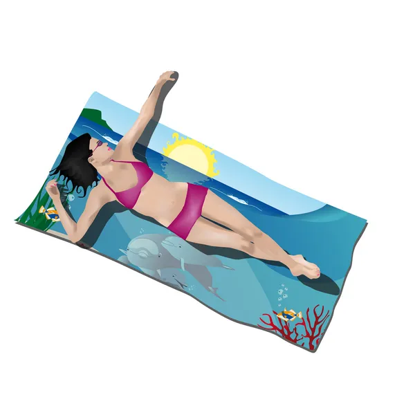 Gadis yang berbaring di handuk pantai - Stok Vektor