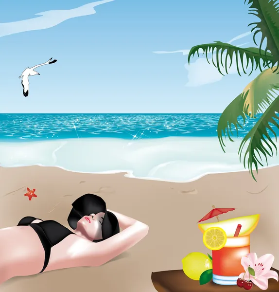 Fille sur la plage avec chapeau — Image vectorielle