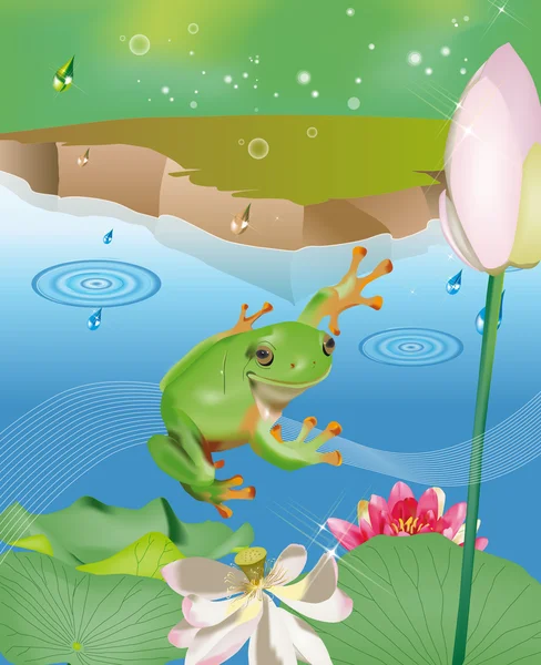 Прыгающая лягушка в пруду — стоковый вектор