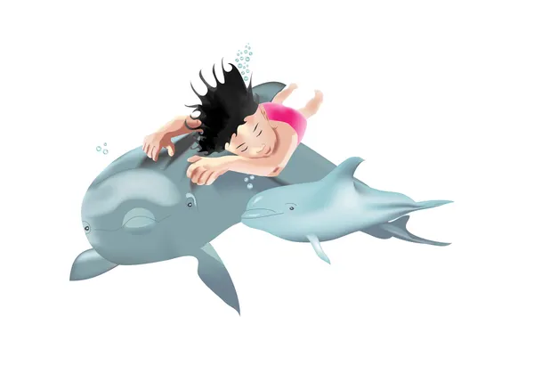 Criança nadadora com golfinhos —  Vetores de Stock