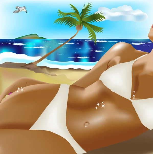 Tanned girl on beach — Stock Vector