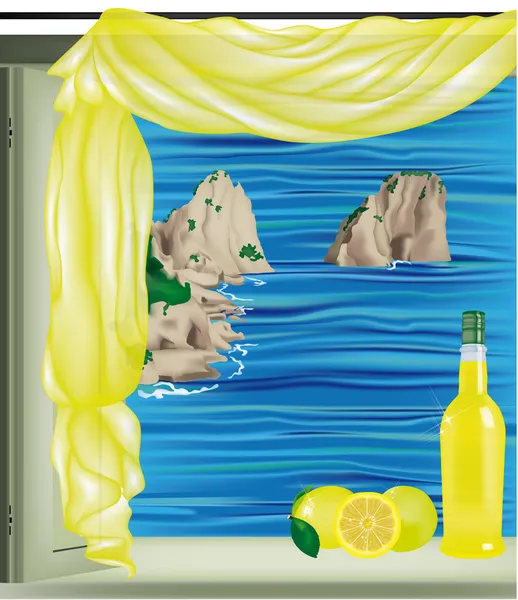 Fönster på capri med limoncello — Stock vektor