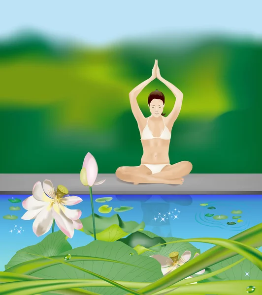 Chica de yoga junto al estanque — Vector de stock