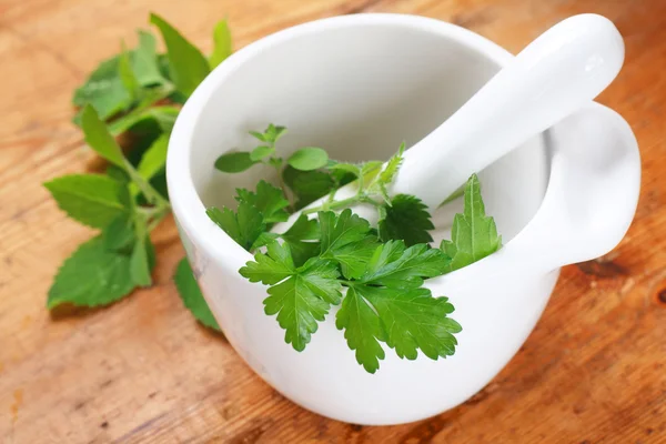 stock image Mortar with herbs