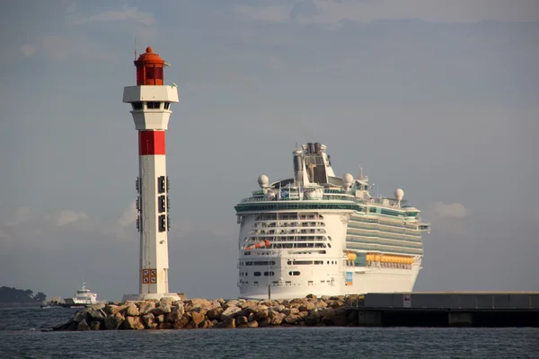 stock image Passenger cruise ferry boat and lighthouse in Cannes