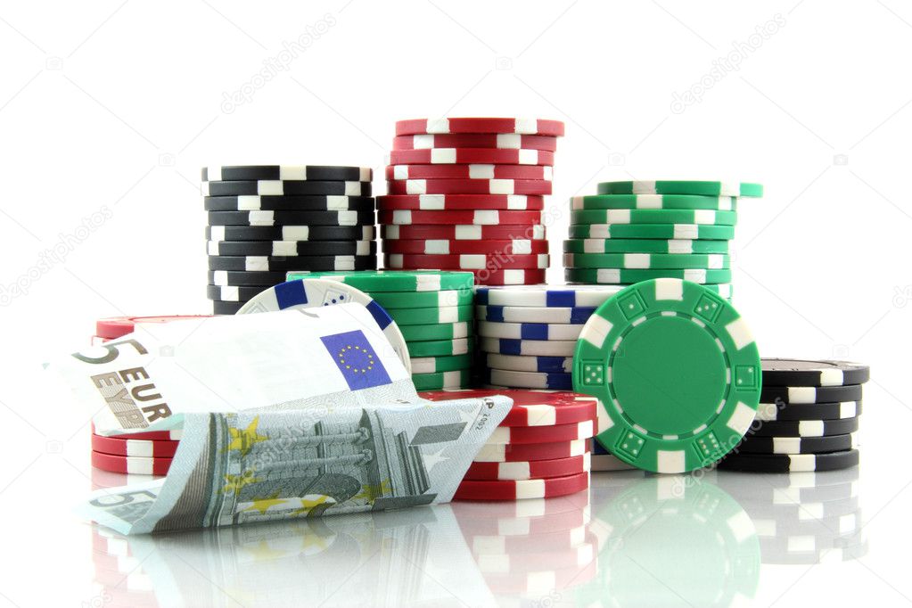 Stack of casino gambling chips with 5 euro banknote