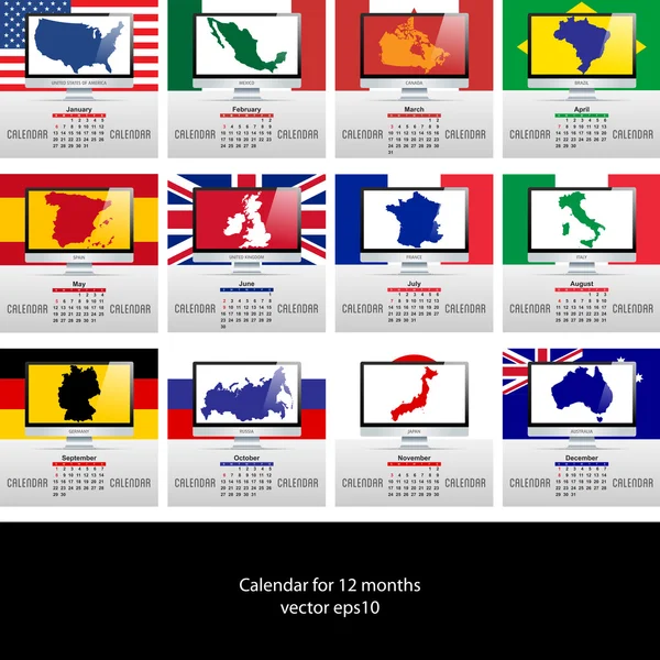 Calendario. Con mappa dei paesi — Vettoriale Stock