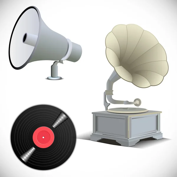 Gramophone, megaphone, vinyl record — Stock Vector