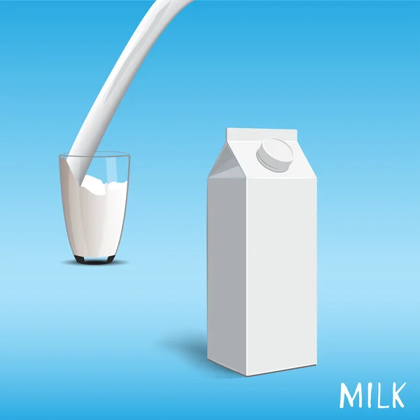 Un vaso de leche con un gran paquete en blanco . — Vector de stock
