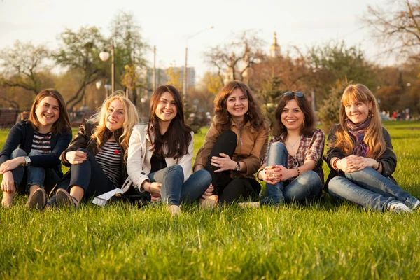 Szczęśliwy uśmiechający się grupa siedząc na trawie — Zdjęcie stockowe