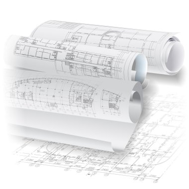 Architectural background with rolls of drawings (vector) clipart