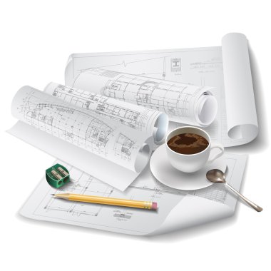 Architectural background with a cup of coffee (vector) clipart