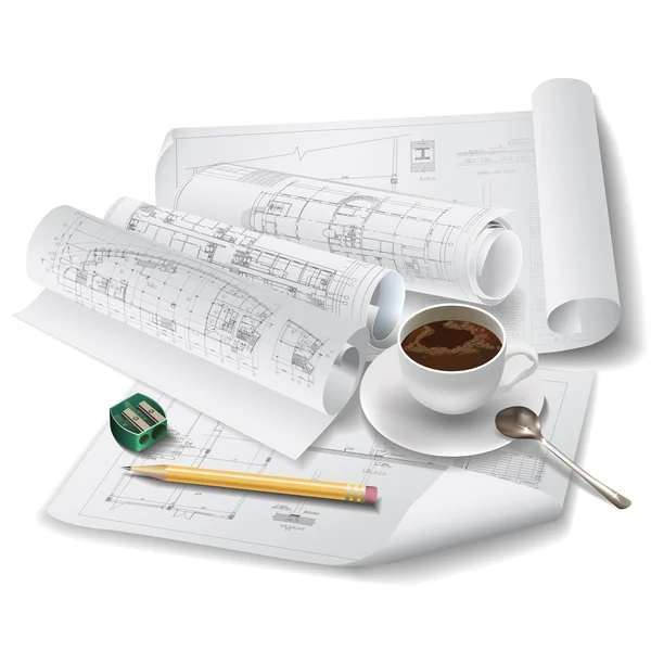 Arkitektoniska bakgrund med en kopp kaffe (vektor) — Stock vektor