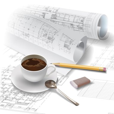 Architectural background with rolls of drawings (vector) clipart