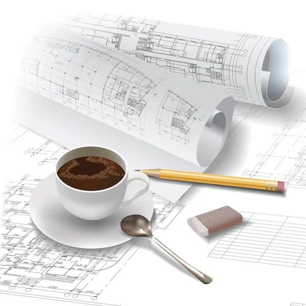 Architectural background with rolls of drawings (vector)