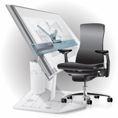 Part of office interior with a chair and architectural drawings clipart