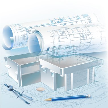 Architectural background with a 3D building model and rolls of drawings clipart