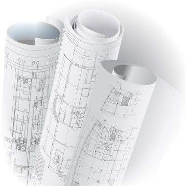 Architectural background with rolls of technical drawings clipart