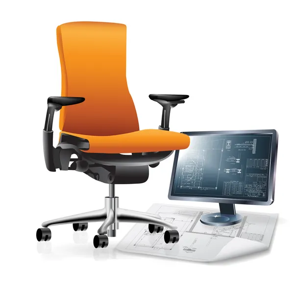 Teil der Büroeinrichtung mit Stuhl, Monitor und Architekturzeichnungen — Stockvektor