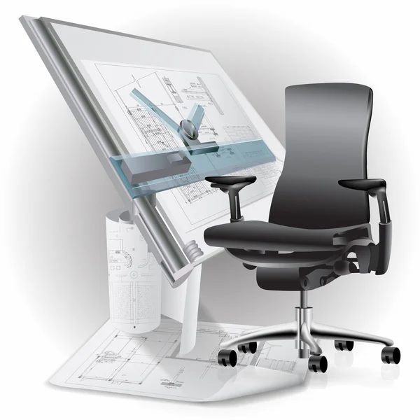 Součástí interiéru kanceláře s židlí a architektonickými výkresy — Stockový vektor