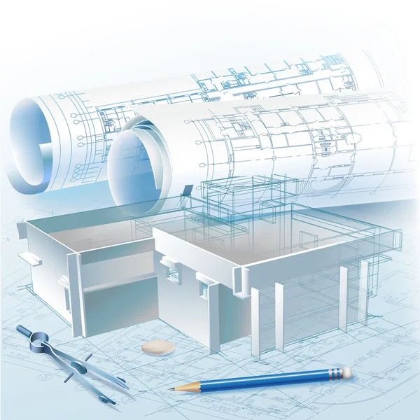 Egy 3D-s modell és papírtekercsek rajzok épület építészeti háttér — Stock Vector