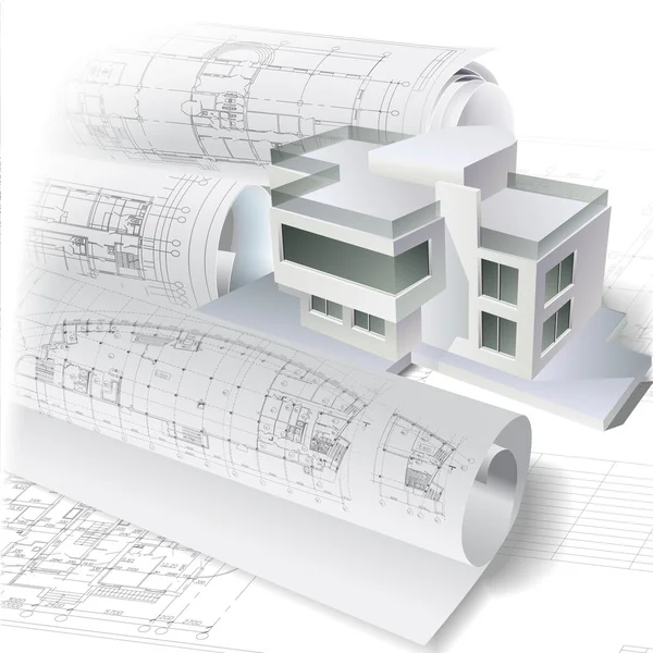 Fundo arquitetônico com um modelo de edifício 3D e rolos de desenhos — Vetor de Stock