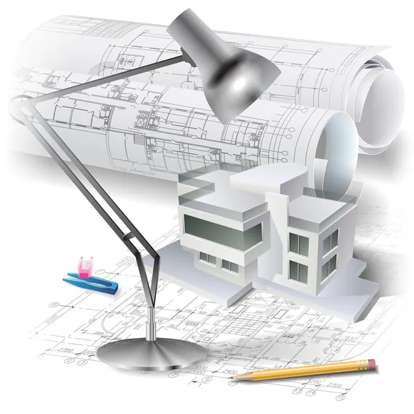 Egy 3D-s modell és papírtekercsek rajzok épület építészeti háttér — Stock Vector