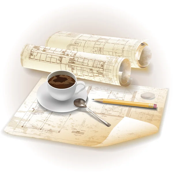 Grunge architectural background with a cup of coffee and rolls of technical drawings — Stock Vector