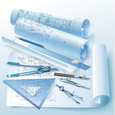 Architectural background with drawing tool and rolls of technical drawings clipart