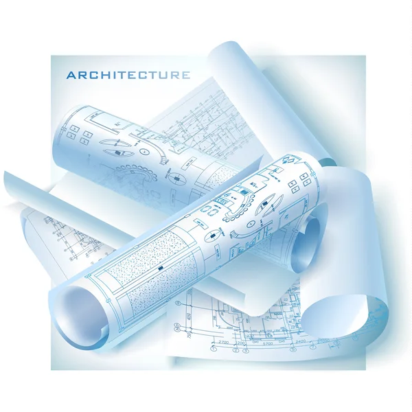 Architectural background with rolls of technical drawings — Stock Vector