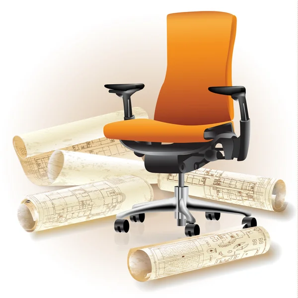 Grunge sfondo architettonico con una sedia da ufficio e rotoli di disegni tecnici — Vettoriale Stock